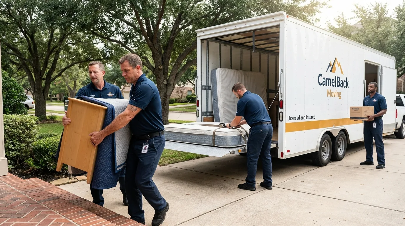 Crew loading residential truck for cross-state move from Newcastle, CA