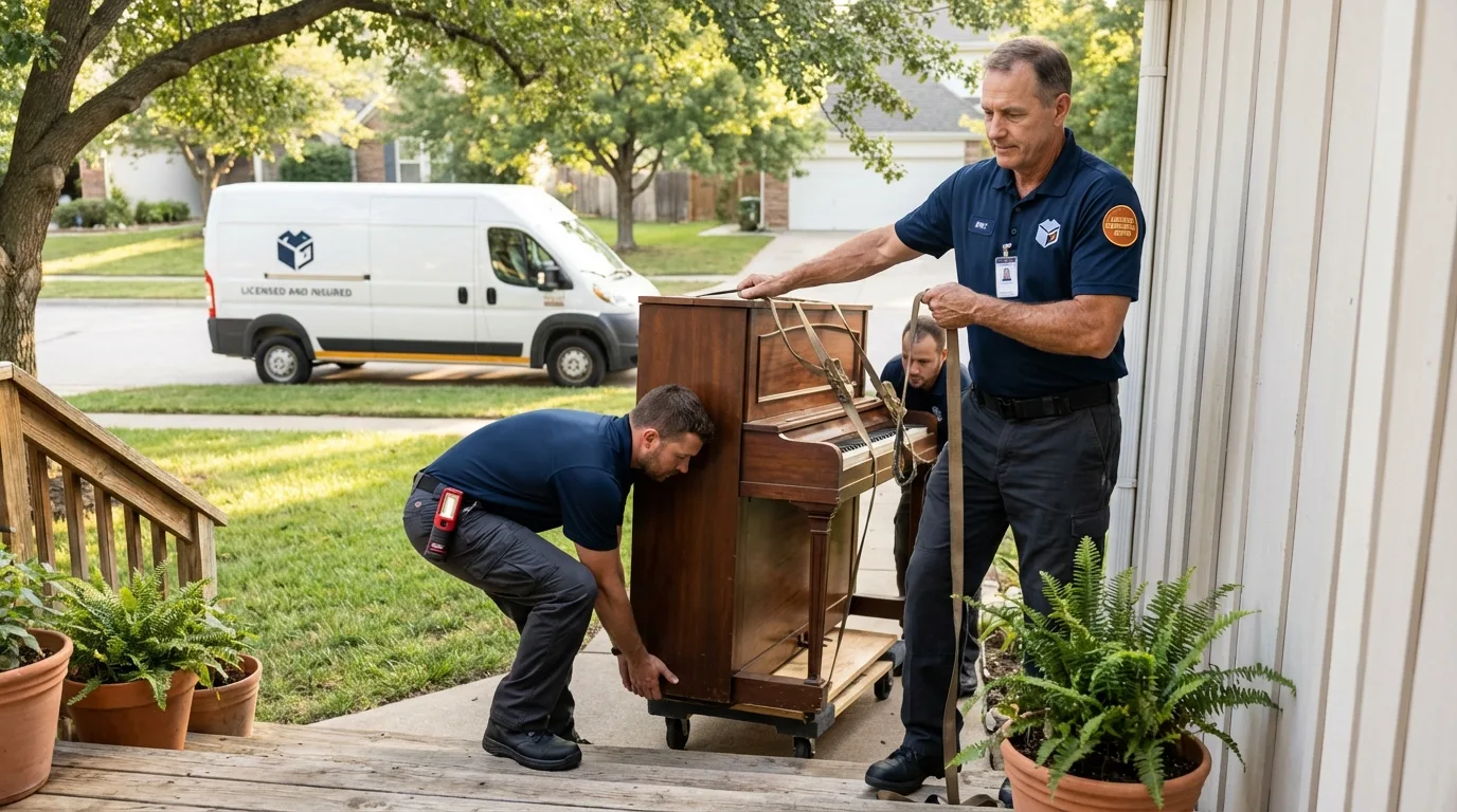 Licensed piano movers securing grand piano in Newcastle, CA