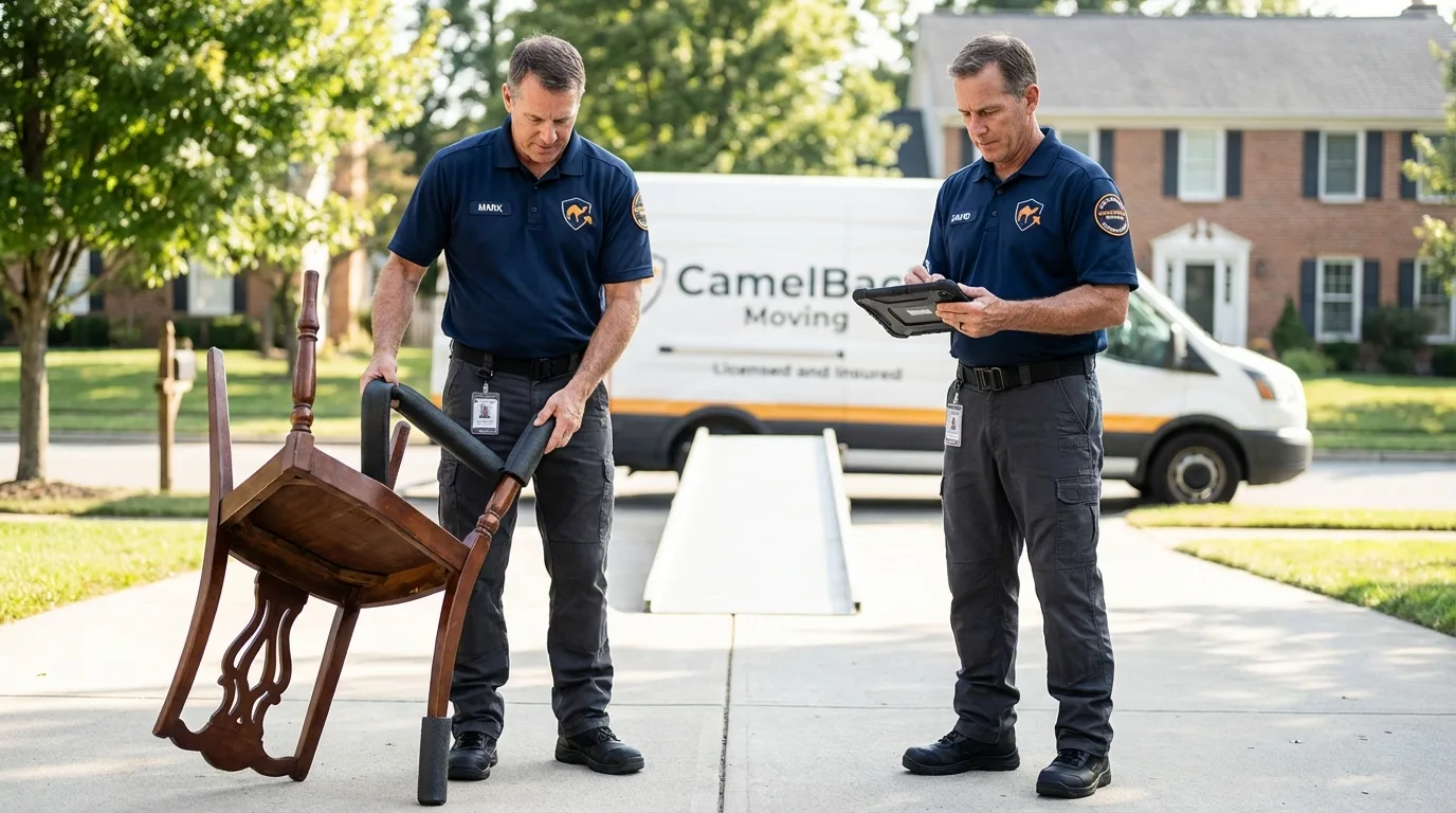 Movers inspecting furniture for damage prevention before loading in Newcastle, CA