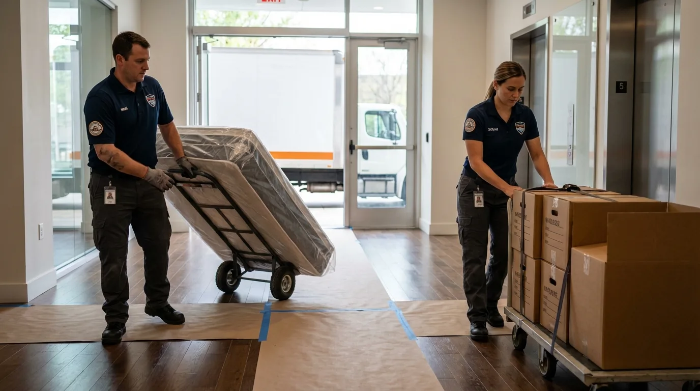 Professional apartment movers loading elevator in Newcastle, CA