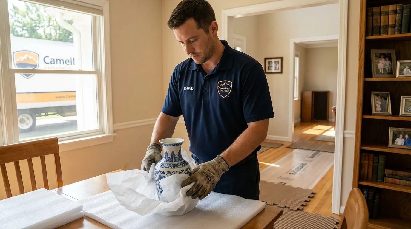 Professional crew carefully wrapping antique vase for senior downsizing move in Newcastle, CA
